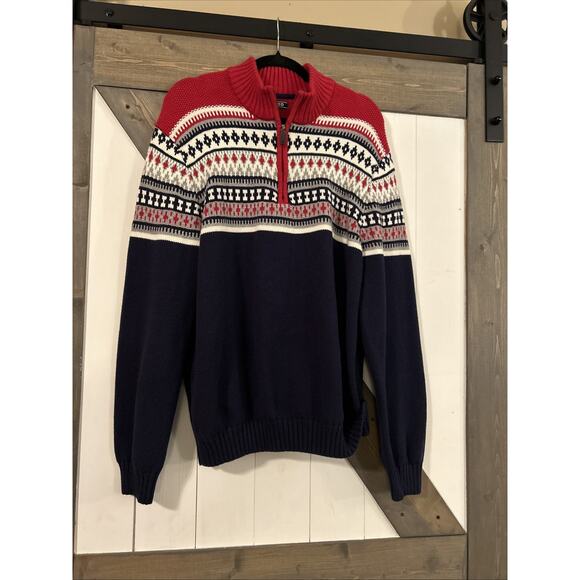 Izod Sweater Men's XXL 1/4 Zip Knit Pullover Fair Isle Nordic Print Red Navy Wht - Picture 5 of 8